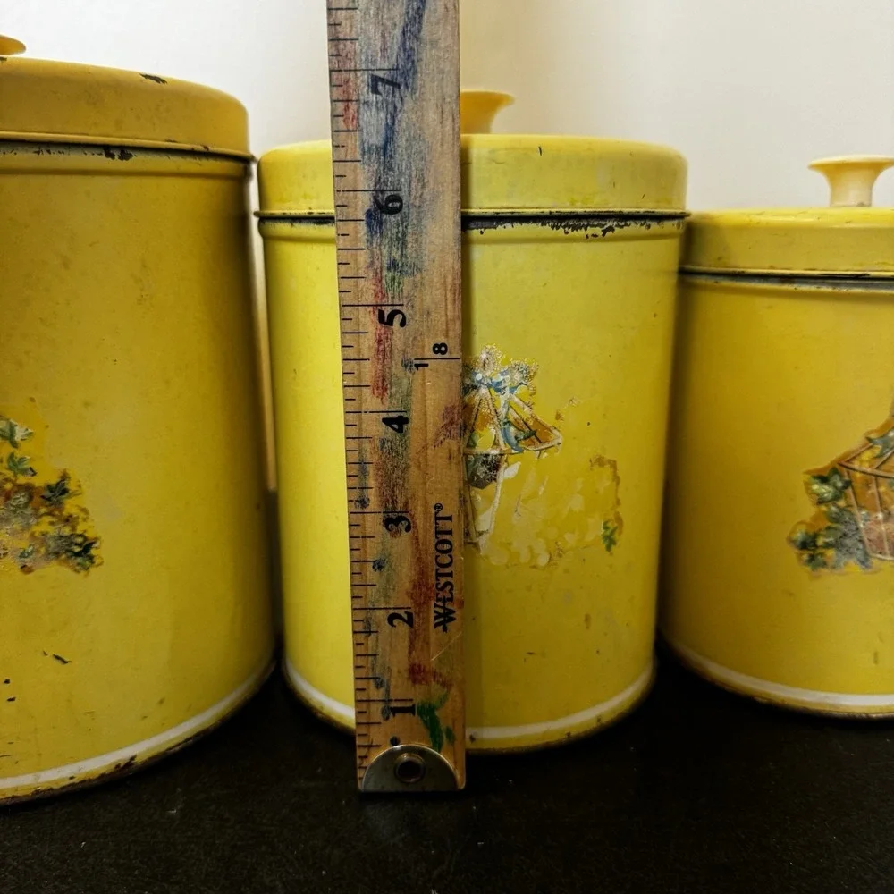Vintage Yellow Metal Kitchen Canister Set Cottagecore Shaby Country 4 Piece Shan